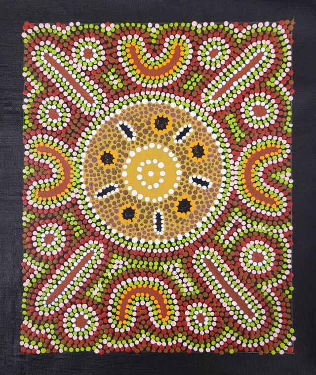 Our March #ArtifactOfTheMonth is a beautiful Aboriginal Australian dot painting by artist Mingi May Barnes, who is from the Wangkatjungka Aboriginal community, in the Kimberley (northern) region of Western Australia. She sells her work in art galleries, where this piece was purchased in the early 1990s. Her art is strongly influenced by the Dreaming and is an interpretation of the many stories told by Aboriginal Australian in the Western Desert area. 

The Dreaming, or Dreamtime, is a philosophy and narrative of sacred creation stories explaining the origin of the universe and the interconnectedness of all people and things. It is passed down through stories, songs, and ceremonies, linking Aboriginal Australians to their past. Dot painting as we know it today evolved in part to disguise the sacred stories and symbols represented in the artists’ work.

This painting includes many symbols. The concentric circles in the middle represent a meeting place or campground. The U-shapes represent women, identifiable because the long oval shapes nearby represent digging sticks. Men would be represented with other implements, like boomerangs, instead. U-shapes are chosen because they represent an aerial view of a person sitting cross-legged. The circles next to them represent children. Below this surface level symbolism, the painting also has deeper meanings connected to sacred stories and beliefs.

#lammuseum #aboriginalaustralia #aboroginalart #dotpainting #australia