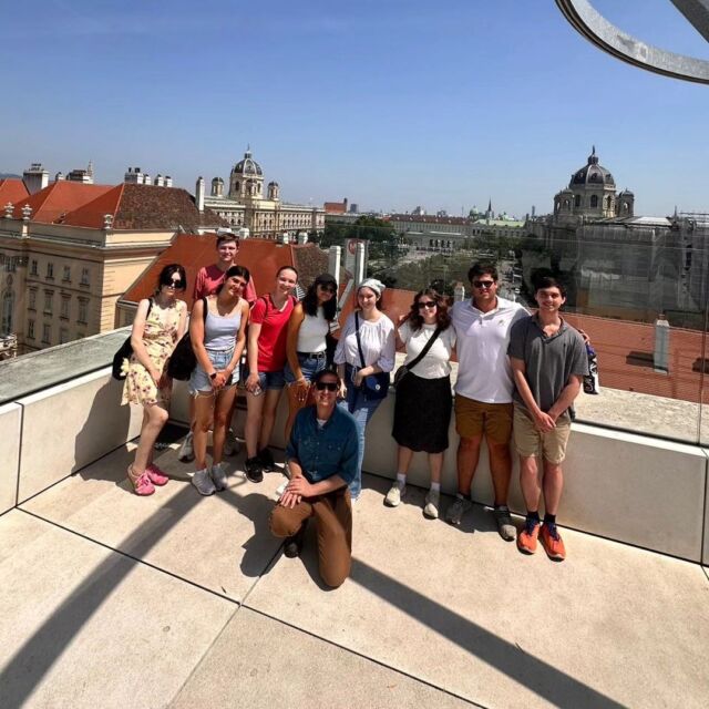 This week’s #FridaysfromVienna update features two class photos (finally!). The first is atop the Leopold Museum in the MuseumsQuartier, a 2000s redevelopment and rebranding of Vienna’s urban core. The class went on an architecture tour and spoke to their head of marketing to learn more about how museums position themselves as civic assets. The second photo shows the class overlooking Vienna from the western hills.

#Vienna #museumsquartier #studyabroad #museumstudies