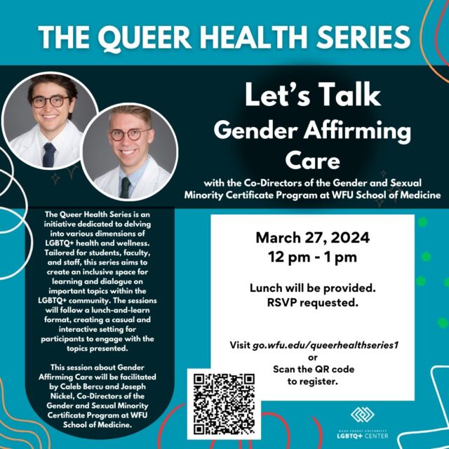 ❤️💉 Ever have questions about what gender affirming care is, what resources are available and how to access it? We have the answers for you! Please join us Wednesday at noon to talk with Caleb Bercu and Joseph Nickel, the Co-Directors of the Gender and Sexual Minority Certificate Program at the WFU School of Medicine. ❤️💉 #lgbtqatwfu